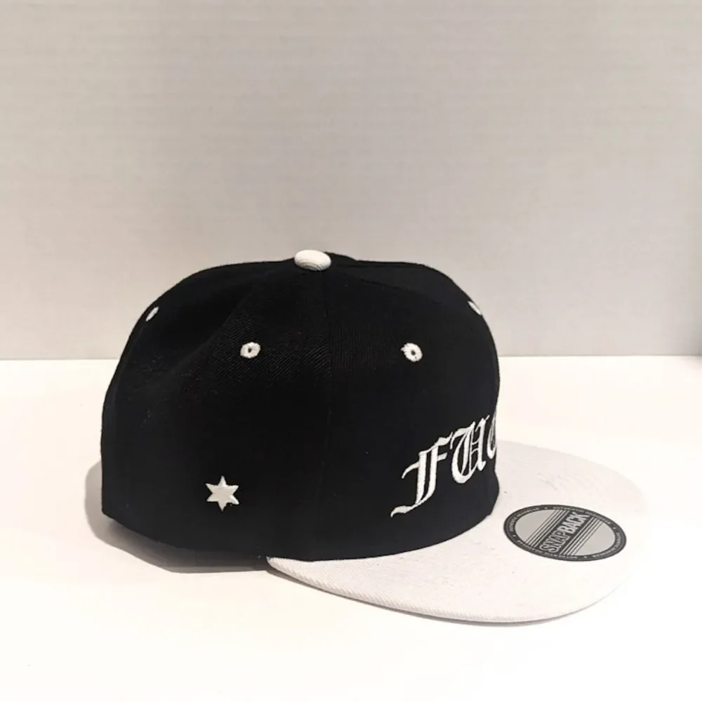 New Old English Text Snapback Hat Black And White Low Bill Blackstar Denim Brand